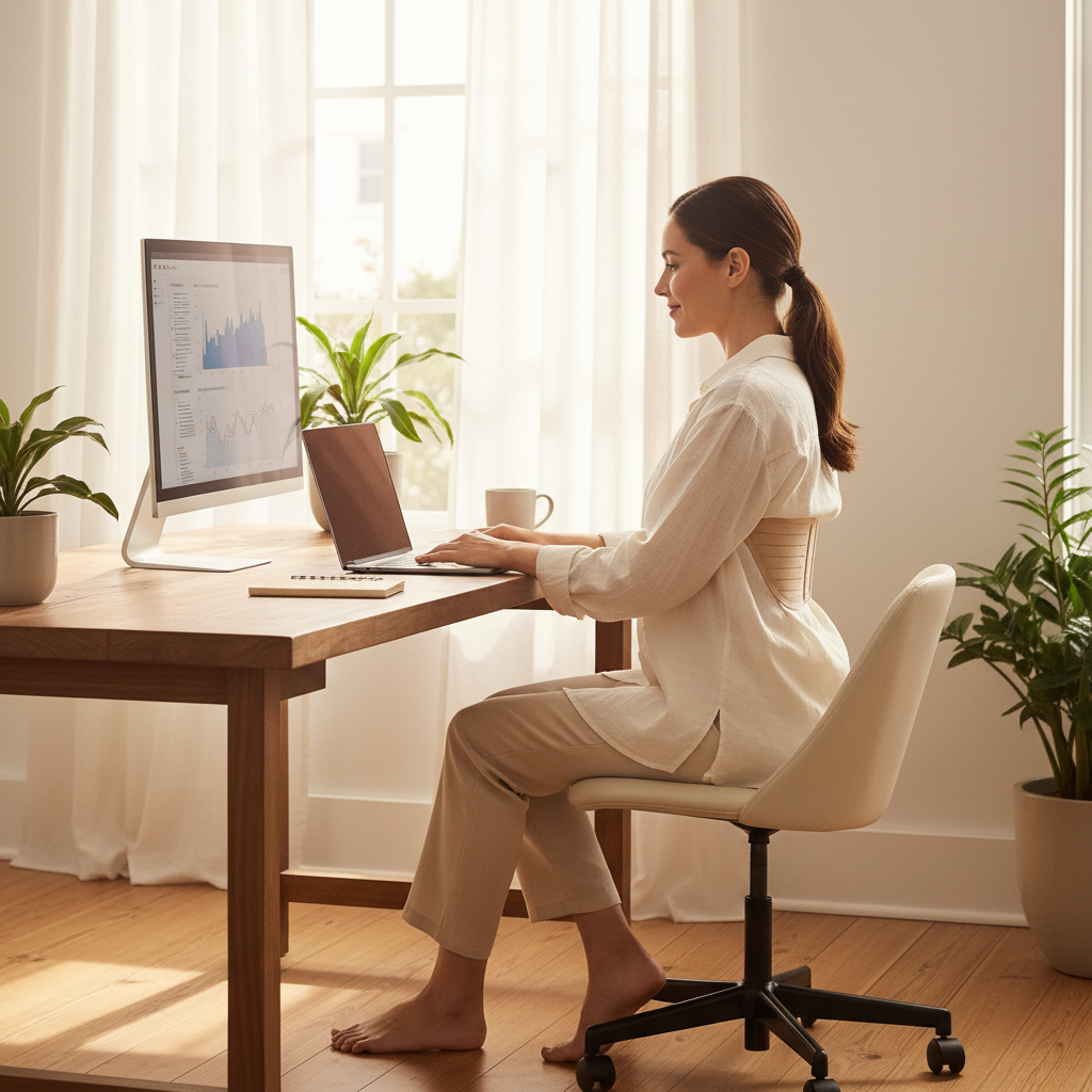 Mujer con corrector de postura en oficina
